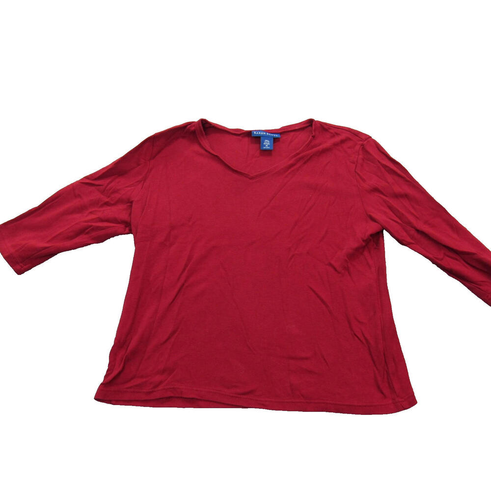Karen Scott Shirt Womens Medium Red V Neck 3/4 Sleeve Casual Cotton Top